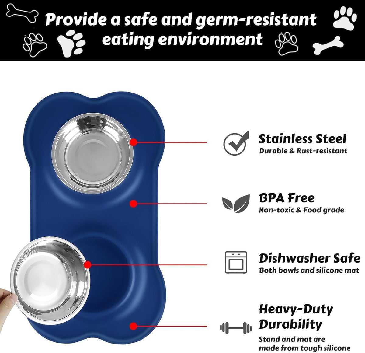 AsFrost Dog Food Bowls Stainless Steel Dog Bowls, Food Water Bowl Set with No Spill Non-Skid Silicone Mat, Dog Dish Double Pet Feeder Bowls for Small Medium Sized Large Dogs Cats Puppy, Blue