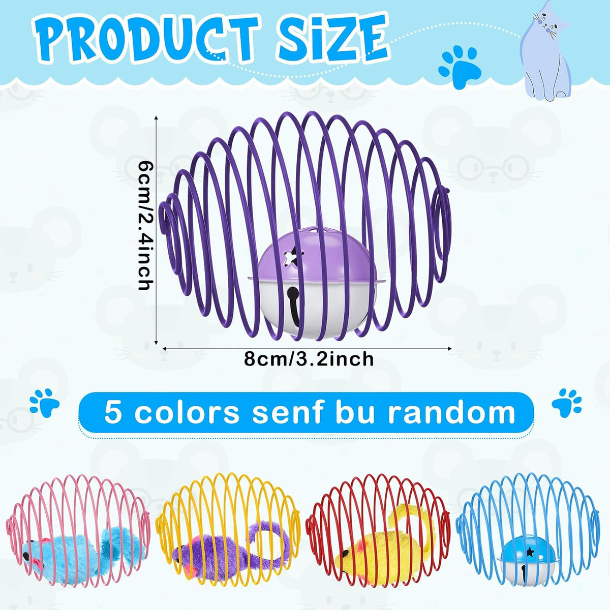 Jecery 5 Pcs Cat Toys Spring,Mouse and Bell,Multicolor
