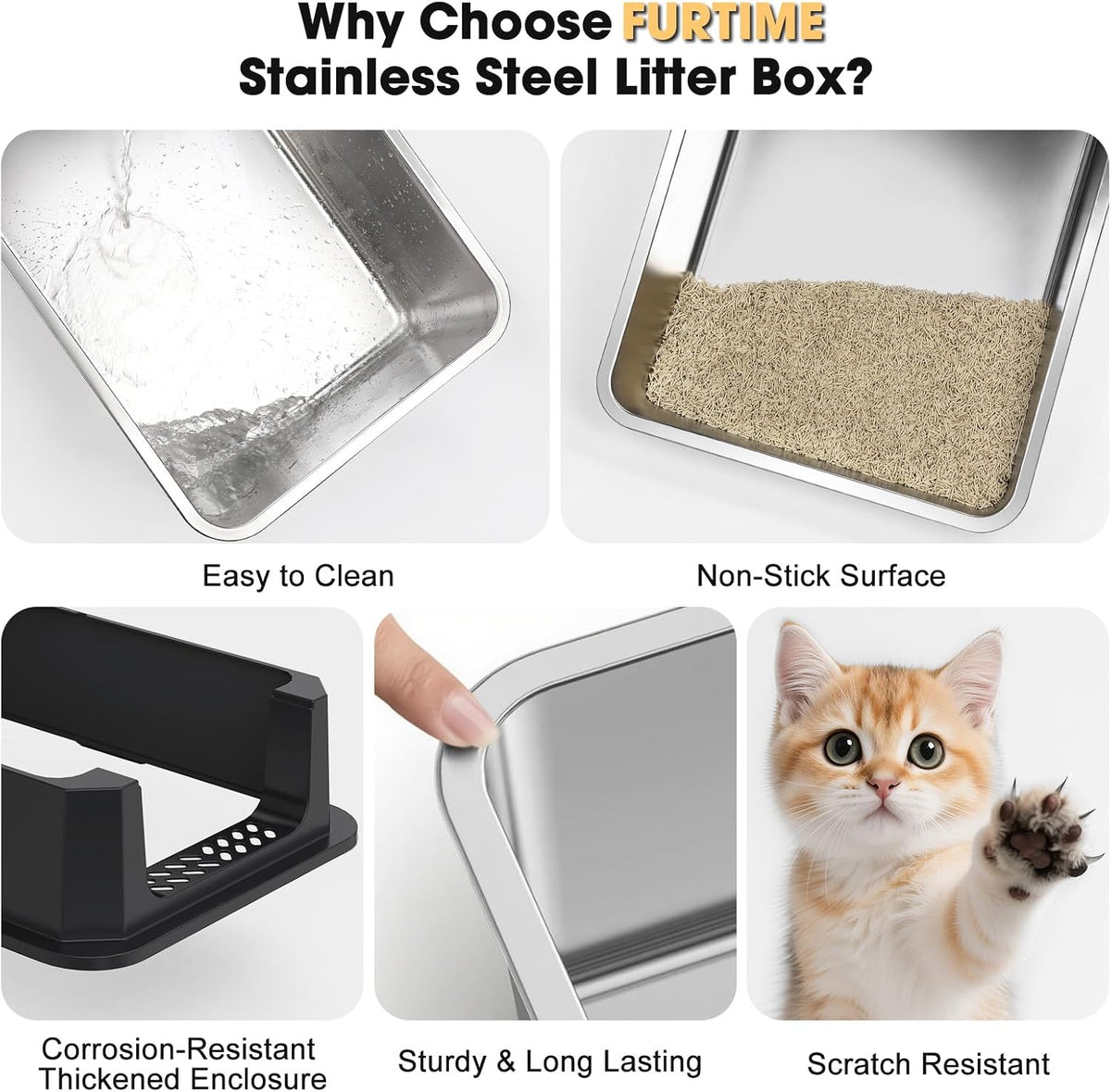 FURTIME Stainless Steel Cat Litter Box, Extra Large Cats Metal Litter Box