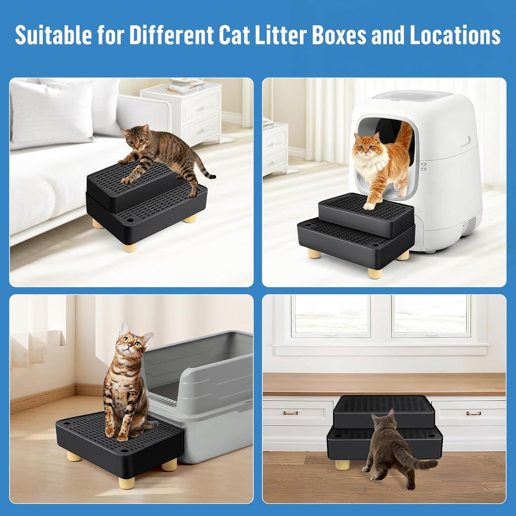 Extra Large 2 Steps Cat Litter Box Step Ramp, Cat Litter Catcher Mat with Wooden Feet, Filter Function, Cat's Pedal Stool for Self-Cleaning Litter, Suitable Kitten & Elderly Cats (Black)