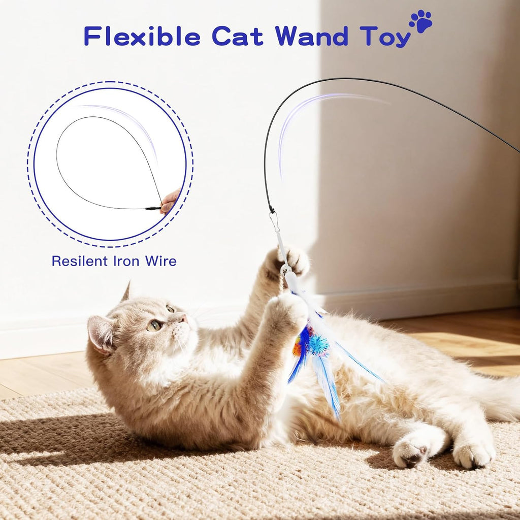 Pawaboo Cat Feather Wand Interactive Toy, 2 Feathers + 1 Wand with Bell | Cat Feather Teaser Toys Flying Catcher Extra Long 34.5" Wand Exerciser Playing Chase Cat Toy Wands for Kitten, Blue