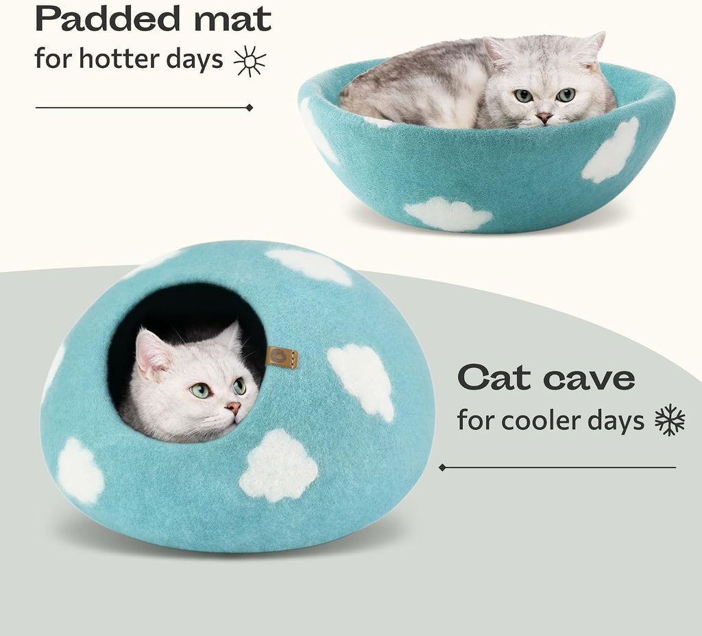 MEOWFIA Cat Cave - New Zealand Wool Bed for Indoor Cats (Cloud Nap Blue)