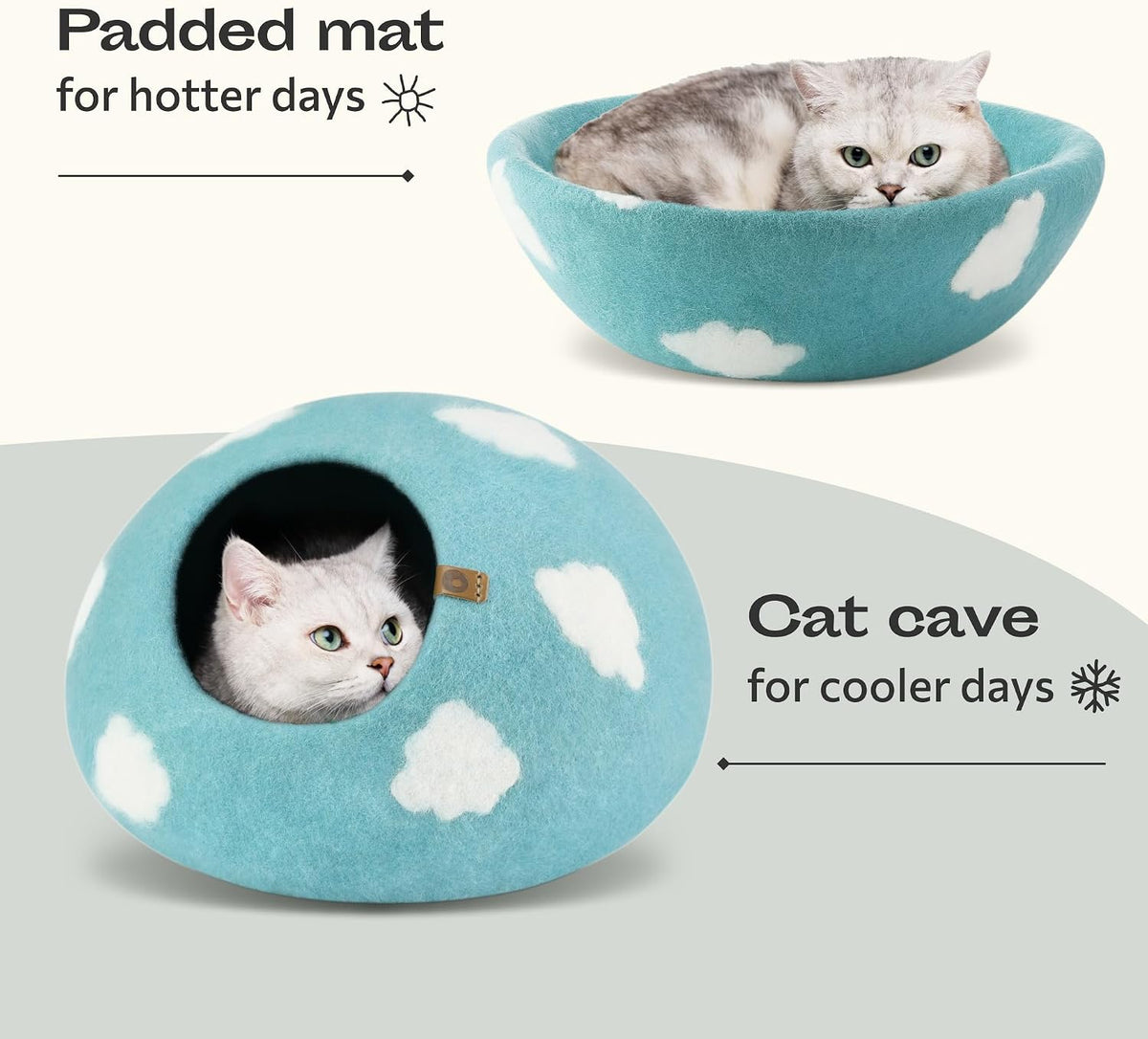 MEOWFIA Cat Cave - New Zealand Wool Bed for Indoor Cats (Cloud Nap Blue)