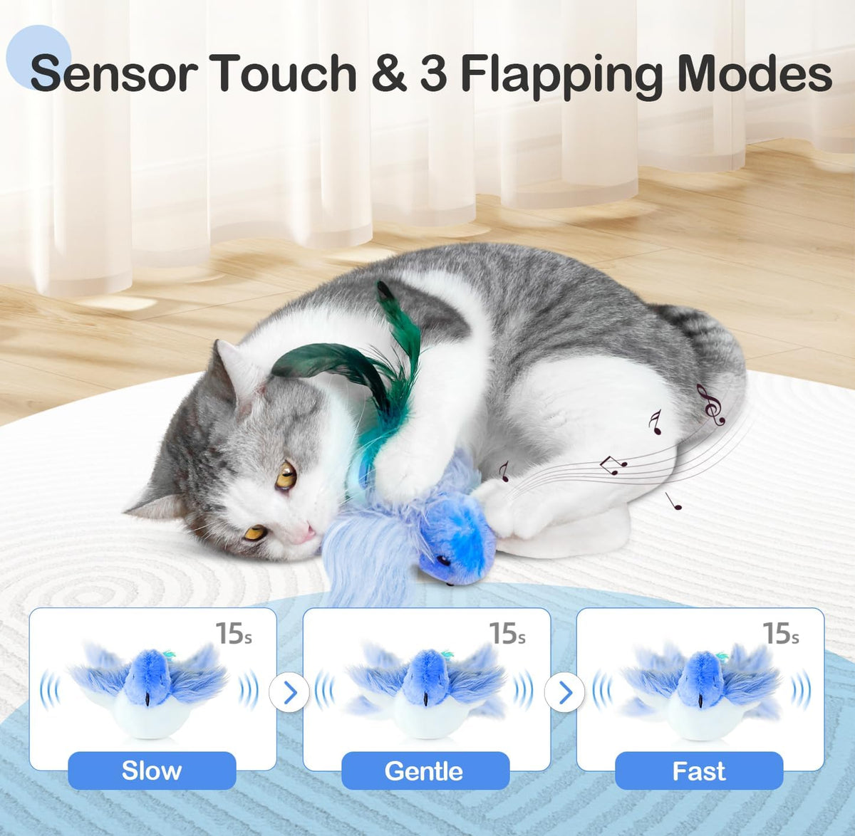 Migipaws Interactive Flapping Bird Cat Toy, Blue