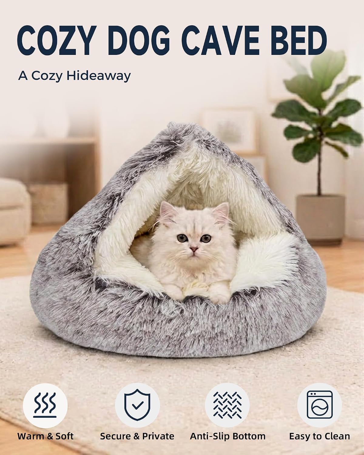 ShinHye Cat Bed Round Plush Fluffy Hooded Cat Bed Cave, Cozy for Indoor Cats or Small Dog beds, Soothing Pet Beds Doughnut Calm Anti-nxiety Dog Bed - Waterproof Bottom Washable, (23×23inch, Coffee)