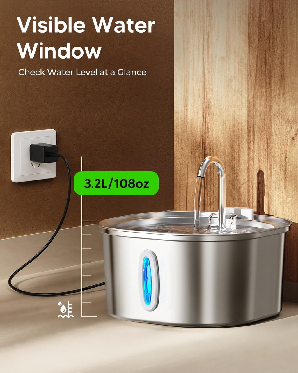 PEKTACO Cat Water Fountain, 3.2L/108oz Stainless Steel Pet Water Fountain