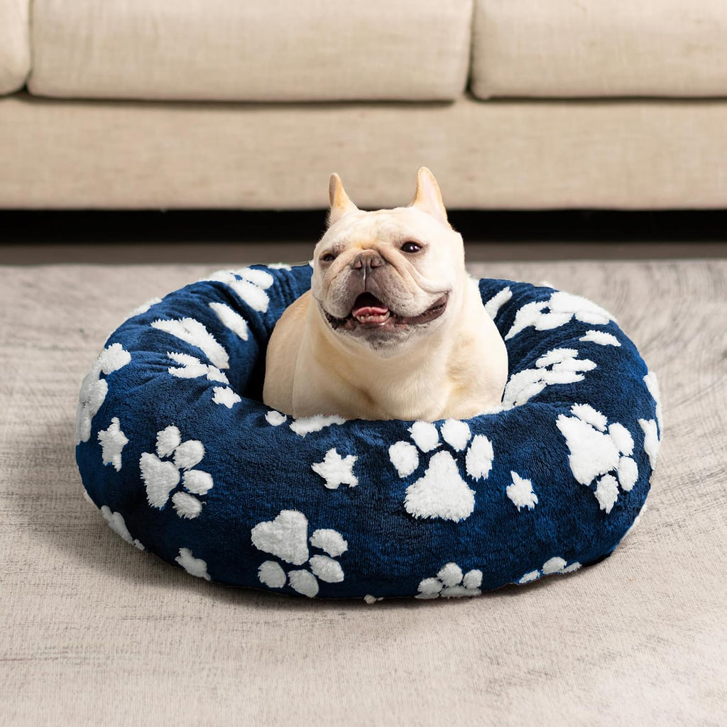 Round Cat Beds for Indoor Cats, Small Donut Dog Beds, Navy Blue, 20"