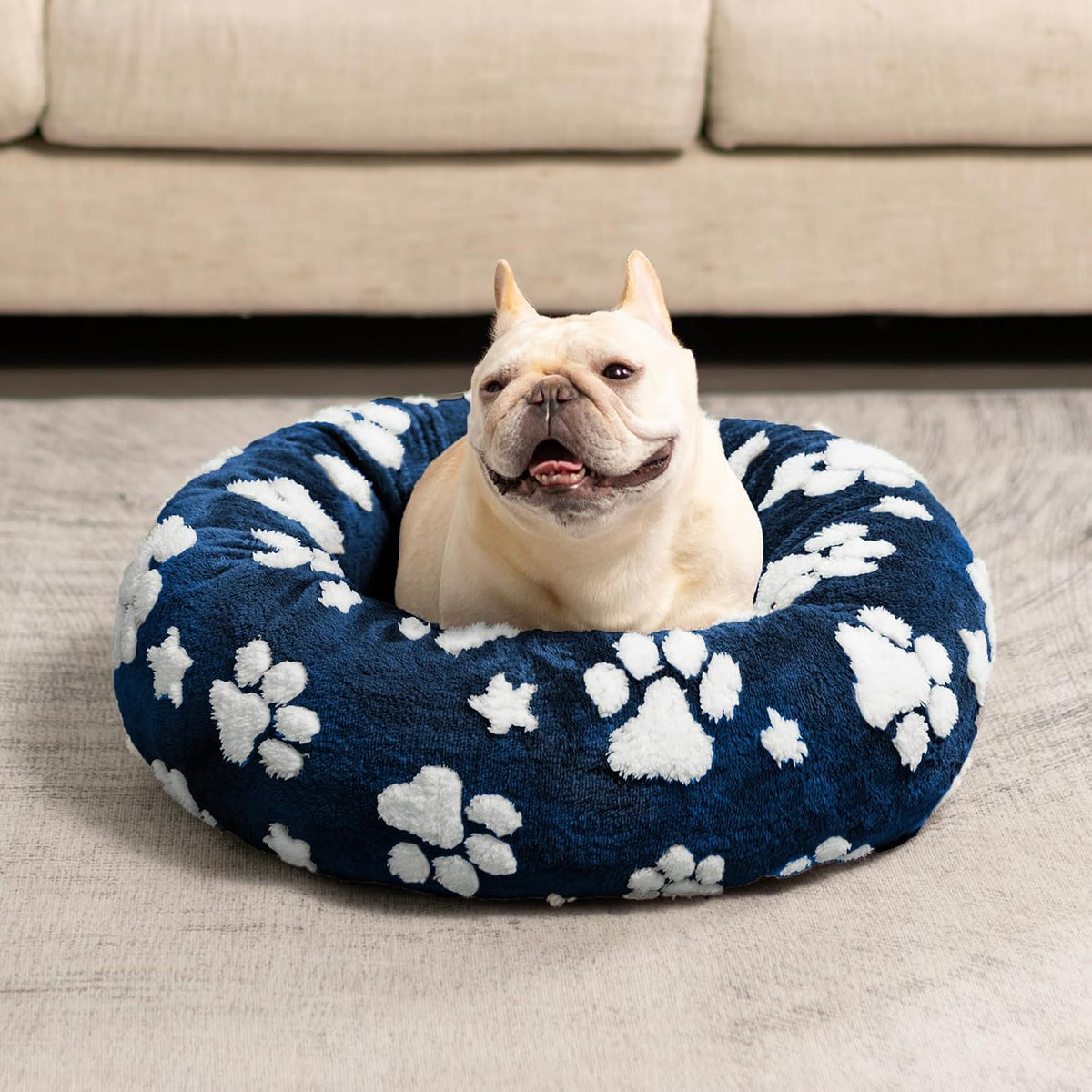 Round Cat Beds for Indoor Cats, Small Donut Dog Beds, Navy Blue, 20"