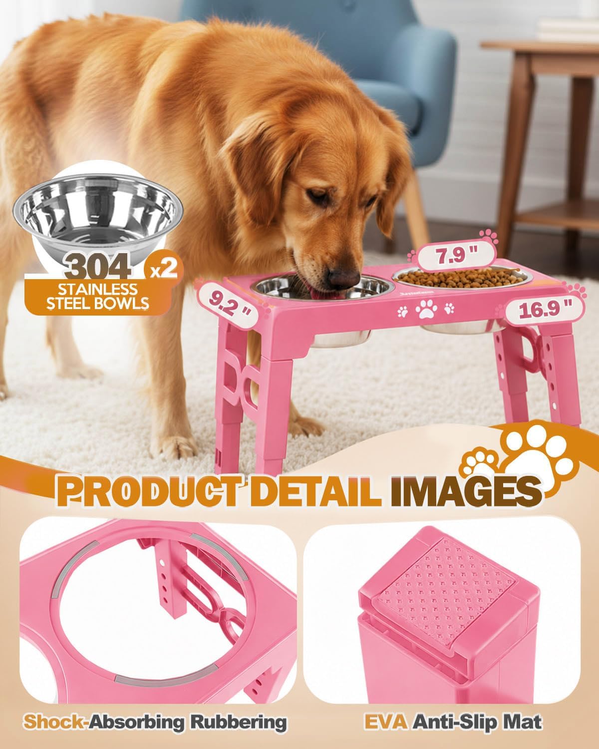 Jovrun Elevated Dog Bowls for Medium Large Size Dogs, Non-Slip Dog Feeder with 2 Stainless Steel Dishes, 5 Heights Adjustable Raised Bowls to 3.15″-8.66″-9.84″-11.02″-12.2″