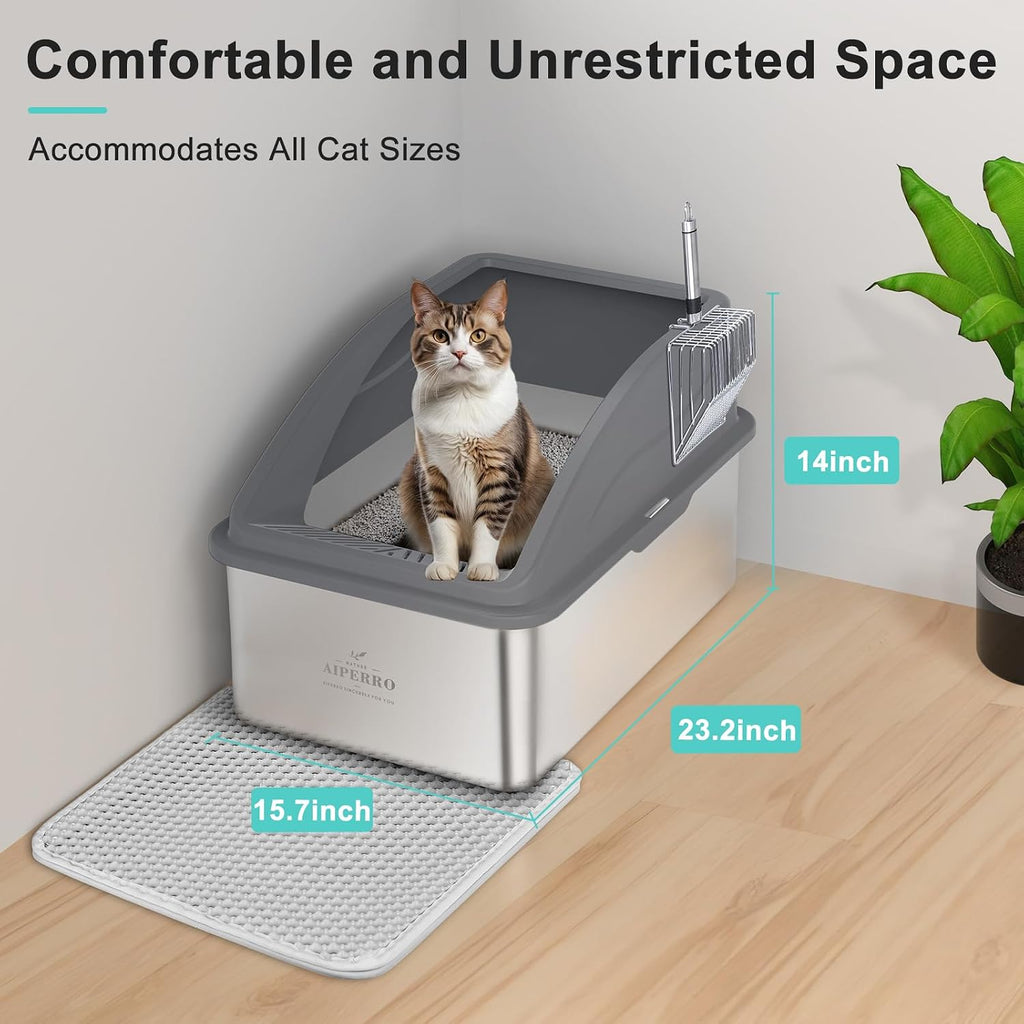 AIPERRO Stainless Steel Litter Box | XXL Deepened 8" Design Metal Cat Box | High Sided with Lid for Big Cats | Anti-Urine Leakage | Non-Stick Bottom & Easy to Clean | Includes Litter Mat & Metal Scoop
