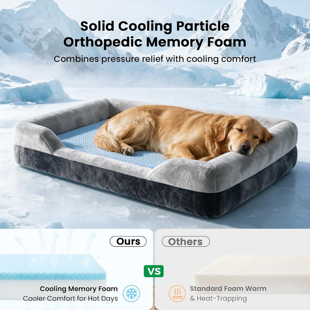 Extra Large Orthopedic Dog Bed for XL Dogs with Cooling Gel Solid Memory Foam, 2 Removable Washable Covers, 360° 7" Bolster Sides, Chew Resistant Waterproof Pet Sofa, Dog Crate Beds for Senior Dogs