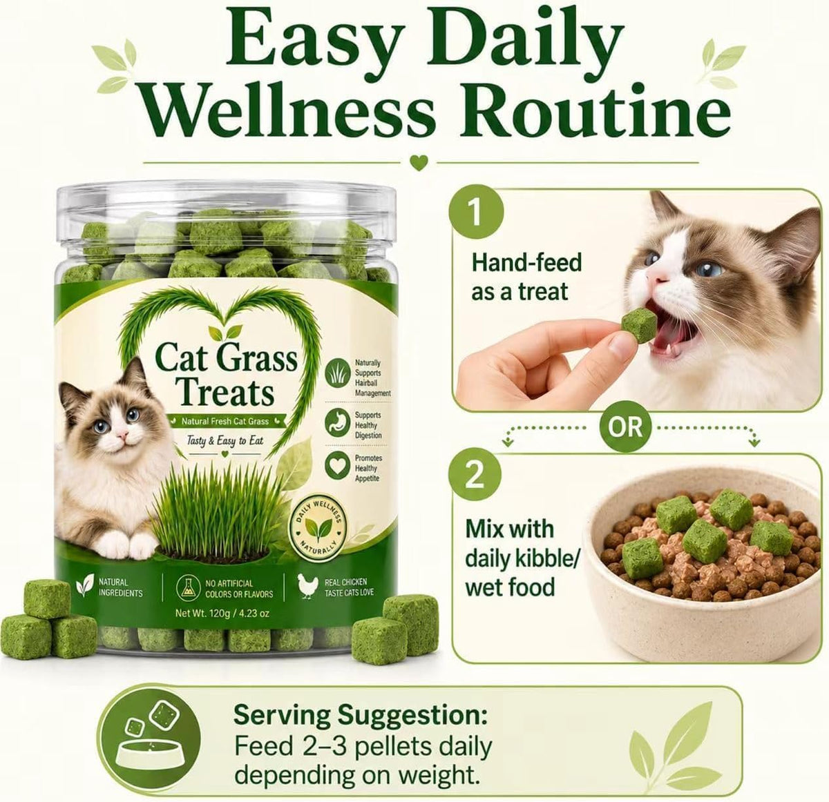 Cat Grass Treats for Indoor Cats, Natural Hairball Control Snacks with Catnip, Healthy Chewable Grass Pellets for Digestive Support