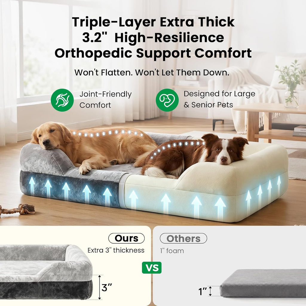 Extra Large Orthopedic Dog Bed for XL Dogs with Cooling Gel Solid Memory Foam, 2 Removable Washable Covers, 360° 7" Bolster Sides, Chew Resistant Waterproof Pet Sofa, Dog Crate Beds for Senior Dogs
