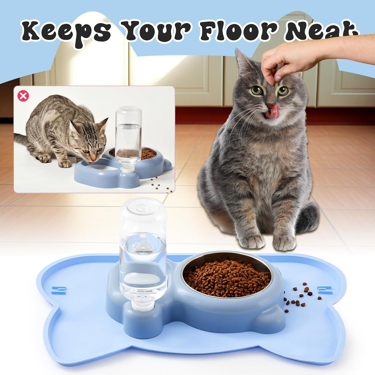 Blue Dog Cat Food and Water Bowl Set with Non-Slip Silicone Mat