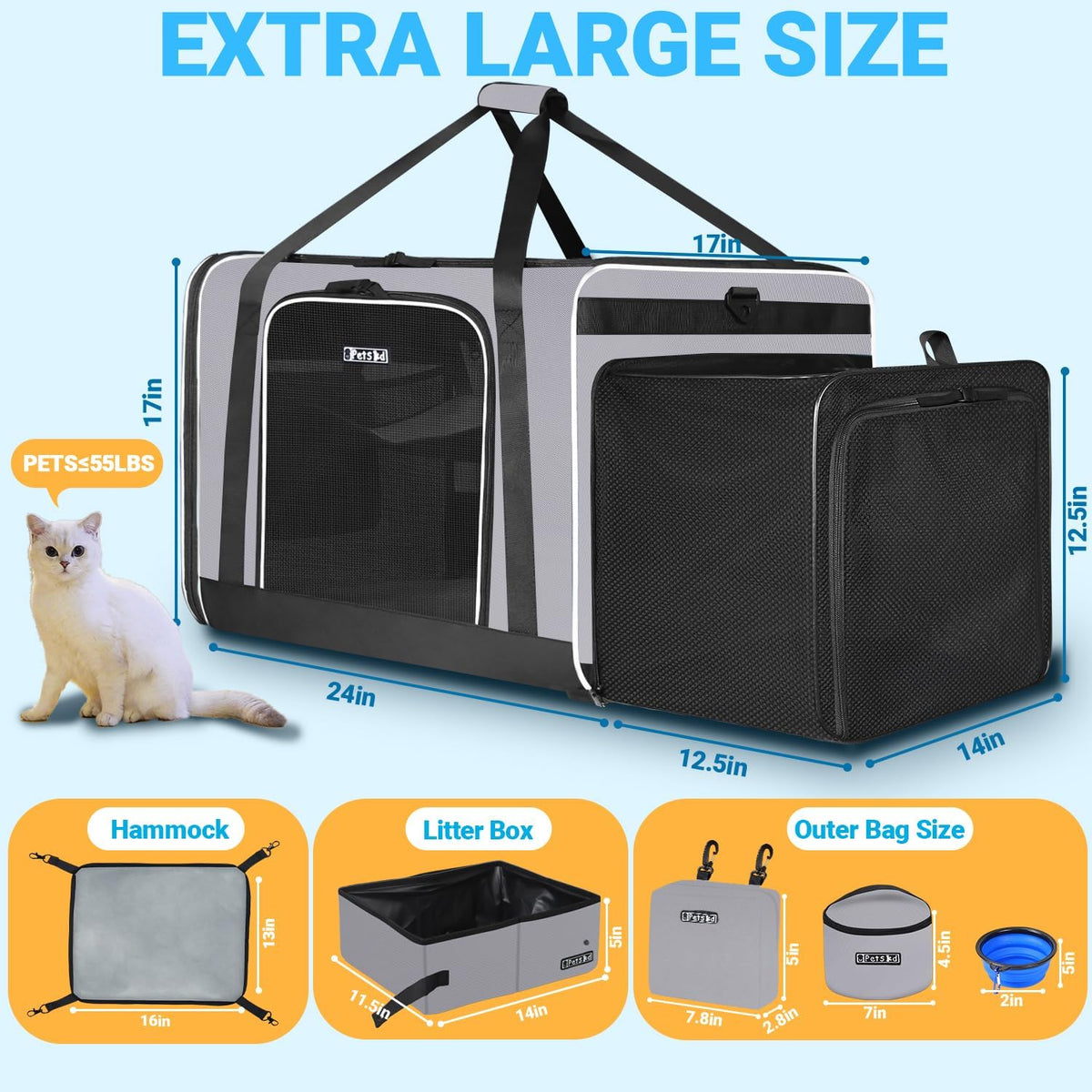 Petskd Side Expandable Extra Large Cat Carrier with Litter Box, Grey