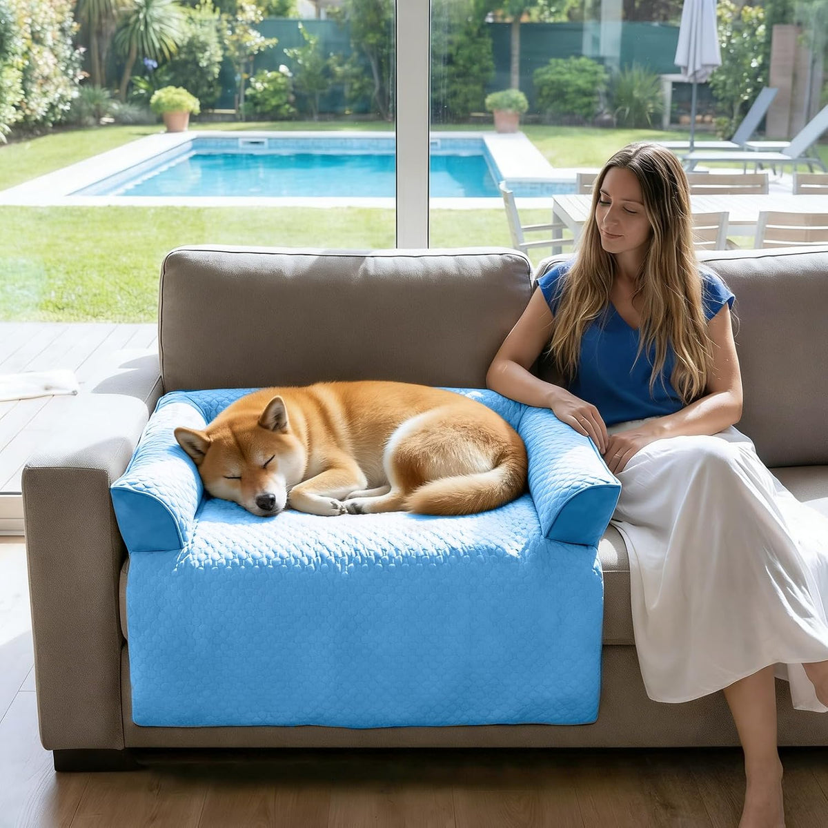 GGIB Dog Bed Mat with Bolster Pillow Washable Dog Couch Cover Breathable Pet Couch Bed Protector Indoor(Medium, Cooling Blue)