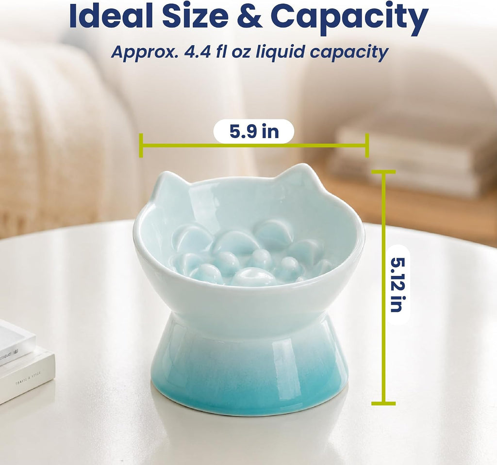 PawsPik Lynx Ceramic Raised Slow Dog & Cat Elevated Food Bowl, Arctic Ombre