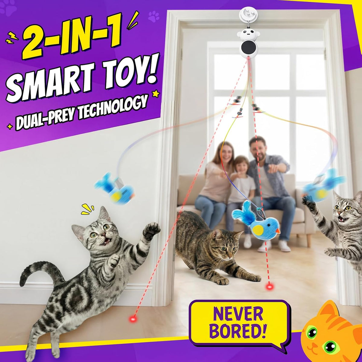 2-in-1 Interactive Laser Pointer Cat Toy & Flying Bird Wand for Indoor Cats