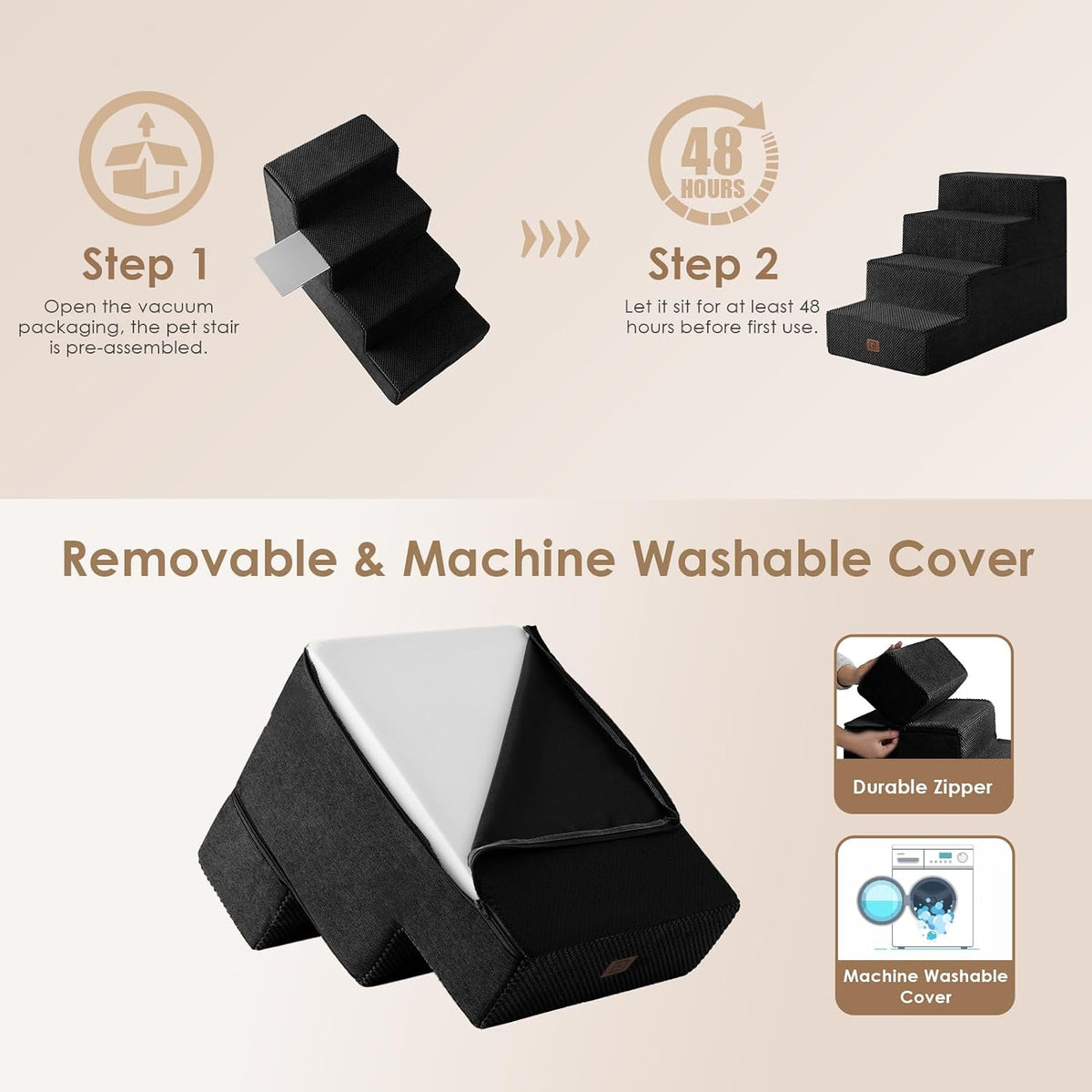 EHEYCIGA Dog Stairs for Bed 20" H, 4-Step Extra Wide Dog Steps, Black