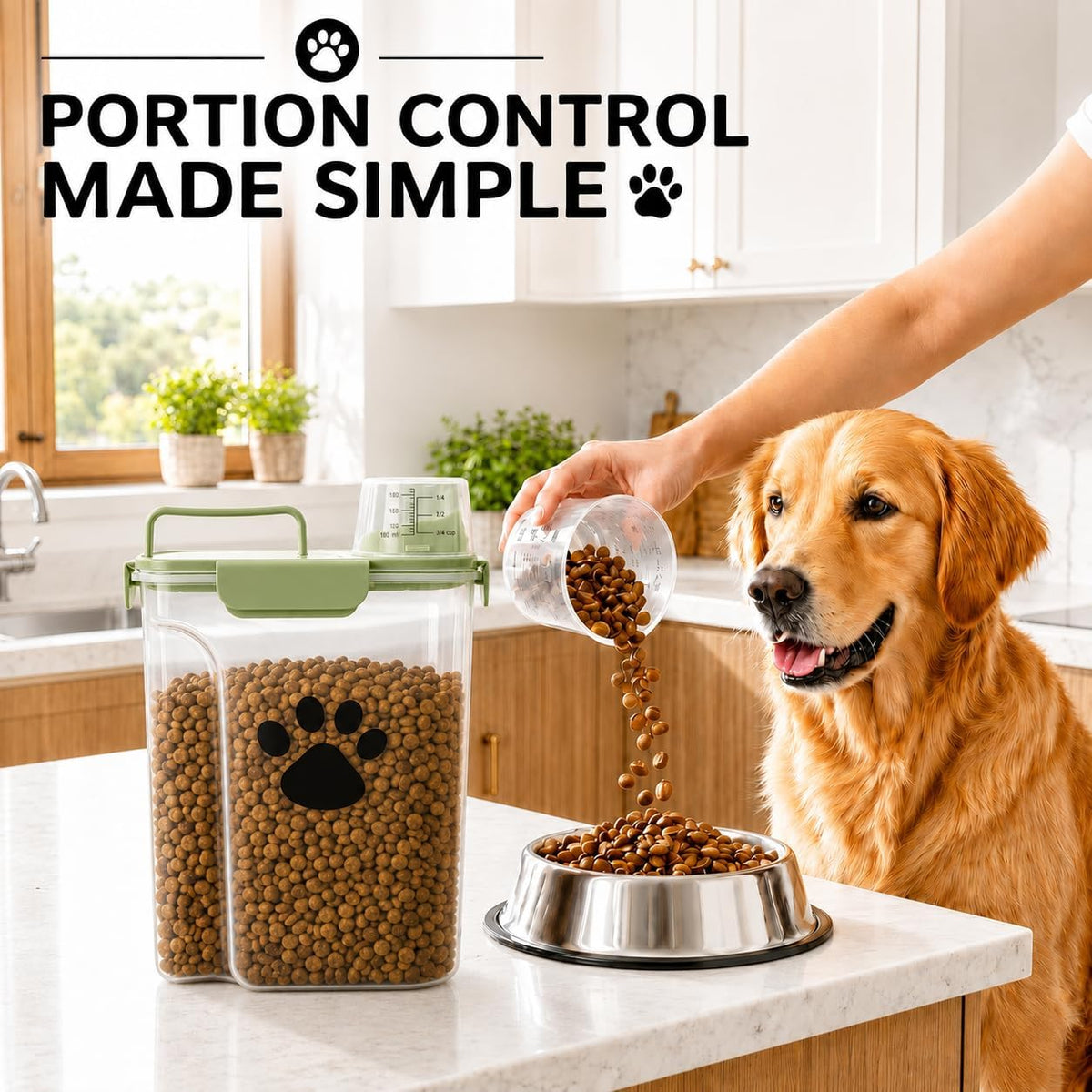 5-7Lbs Dog Cat Food Storage Container with cleaning brush, Measuring Cup,4 Snap Seals, Portable Pet Food Containers with Upgraded Large Nozzle for Dogs,Cats,Birds,Small Animals(Large-Green)