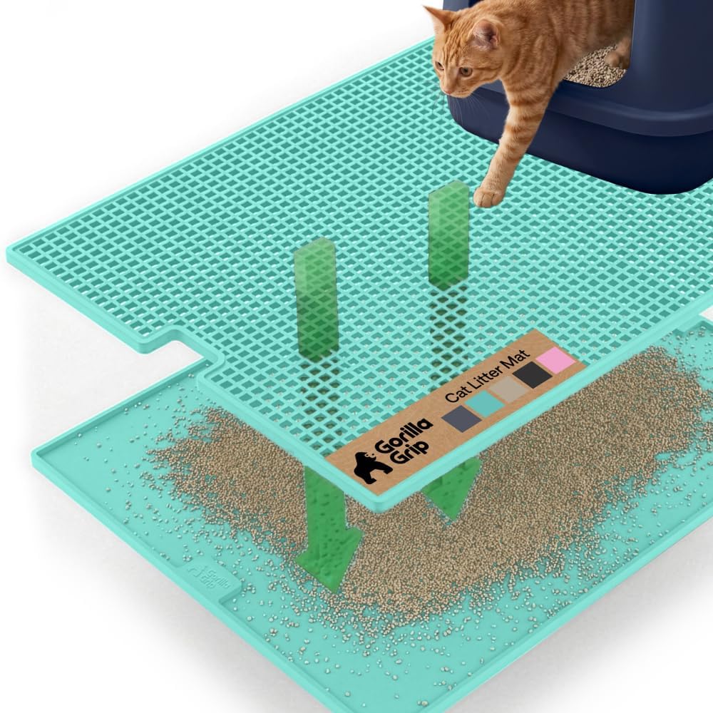 GORILLA GRIP Cat Litter Mat, Dual Layer Silicone Tray, 24x15, Turquoise