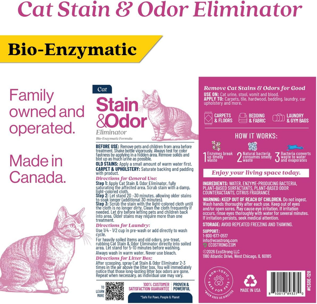 Eco Strong Cat Stain And Odor Remover| Enzyme Urine Odor Neutralizer - Stain Remover for Carpet, Litter Boxes, Bedding, and Laundry [Citrus Scent Gallon Value Size]