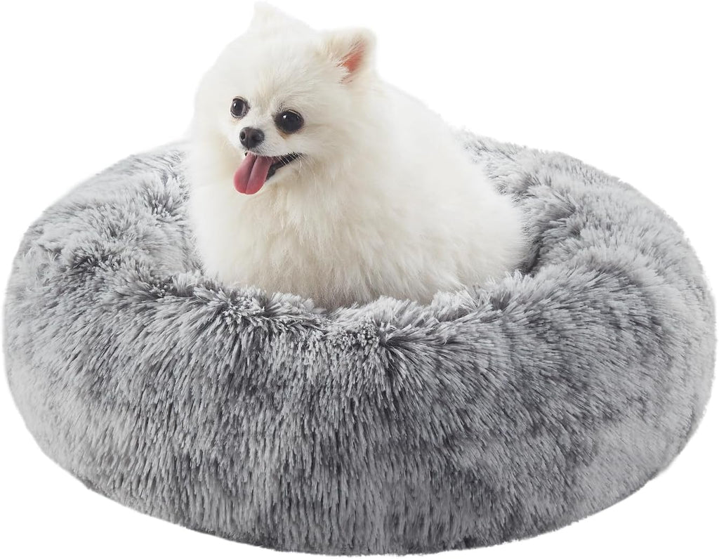 23 inches Faux Fur Fluffy Donut Dog Bed for Small Dogs,Dark Grey