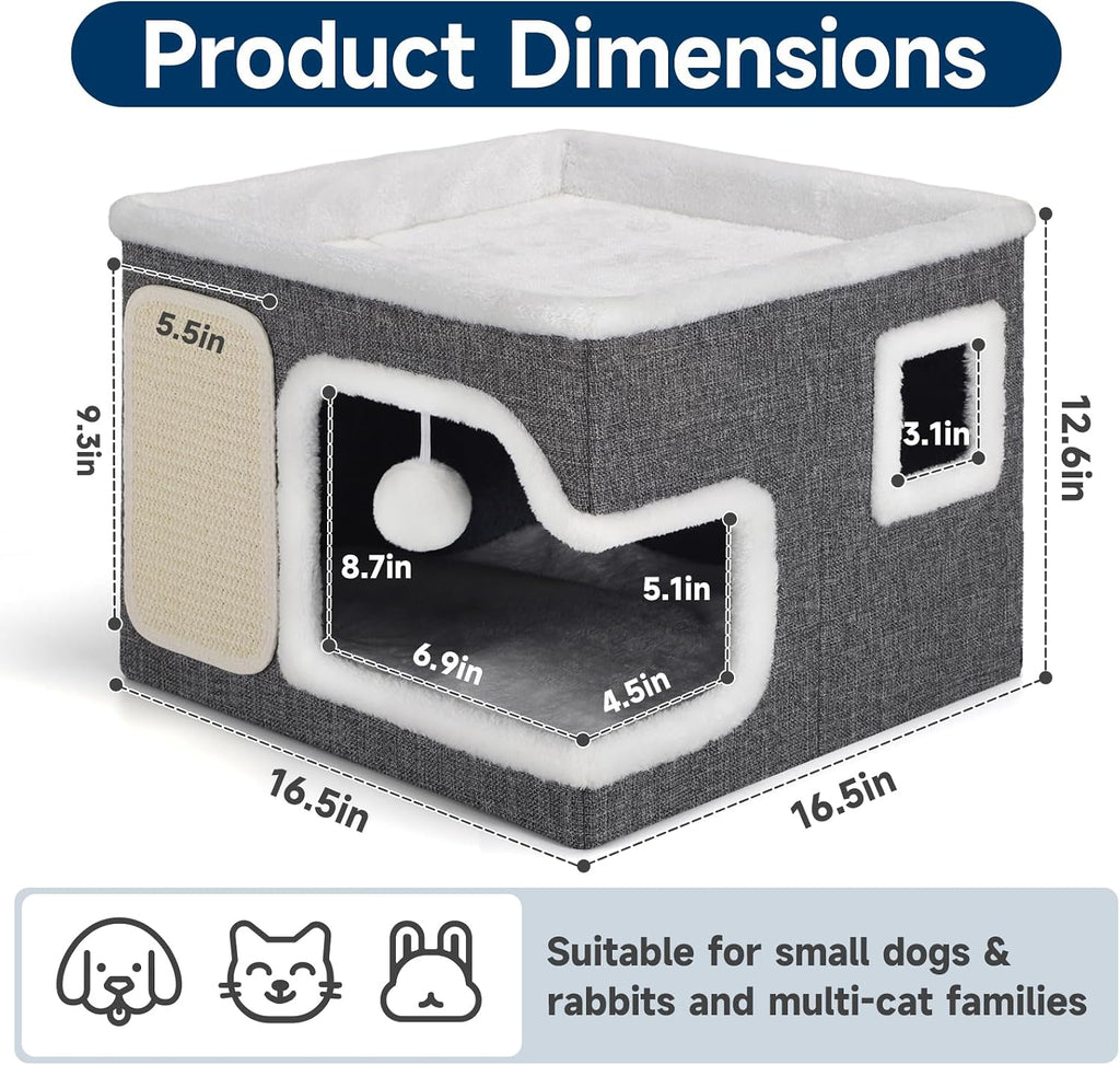 Shikha Cat Bed House for Indoor Cats with Fluffy Ball and Scratch Pad Grey