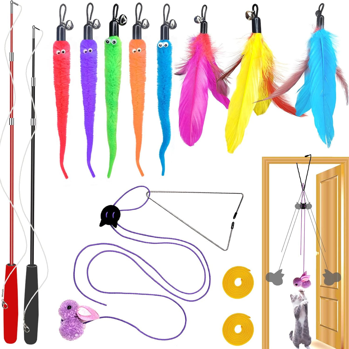 ZPH Cat Toys Interactive for Indoor Cats,2PCS Retractable Cat Wand,9PCS Teaser Toys&1PCS Hanging Door Lure Kitten Toy,Interactive Feather Toy for Teaser Play and Chase Exercise with Kitten