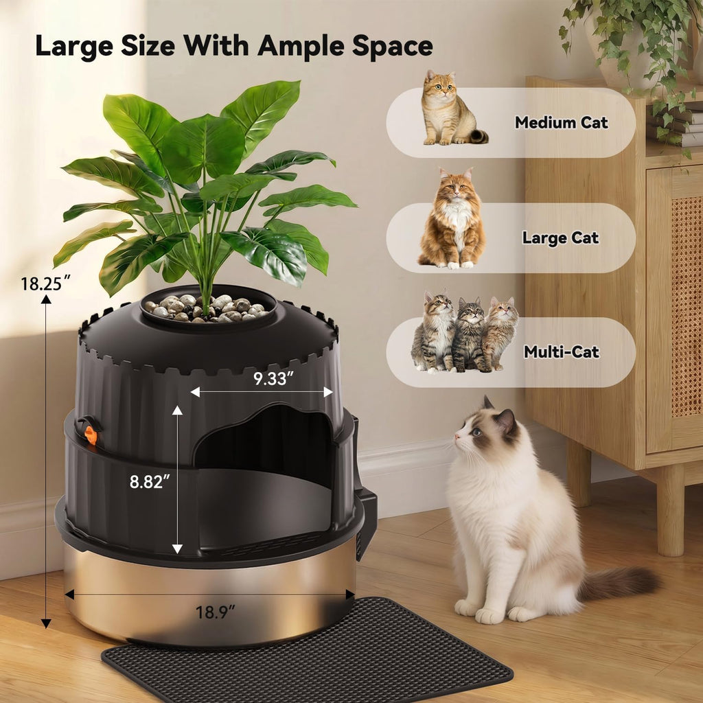 Hidden cat Litter Box Featuring a Stainless Steel Tray, Faux Greenery, an Activated Carbon Packet, and a Scoop; Plant-Style Litter Box Furniture; Includes a Free Litter mat