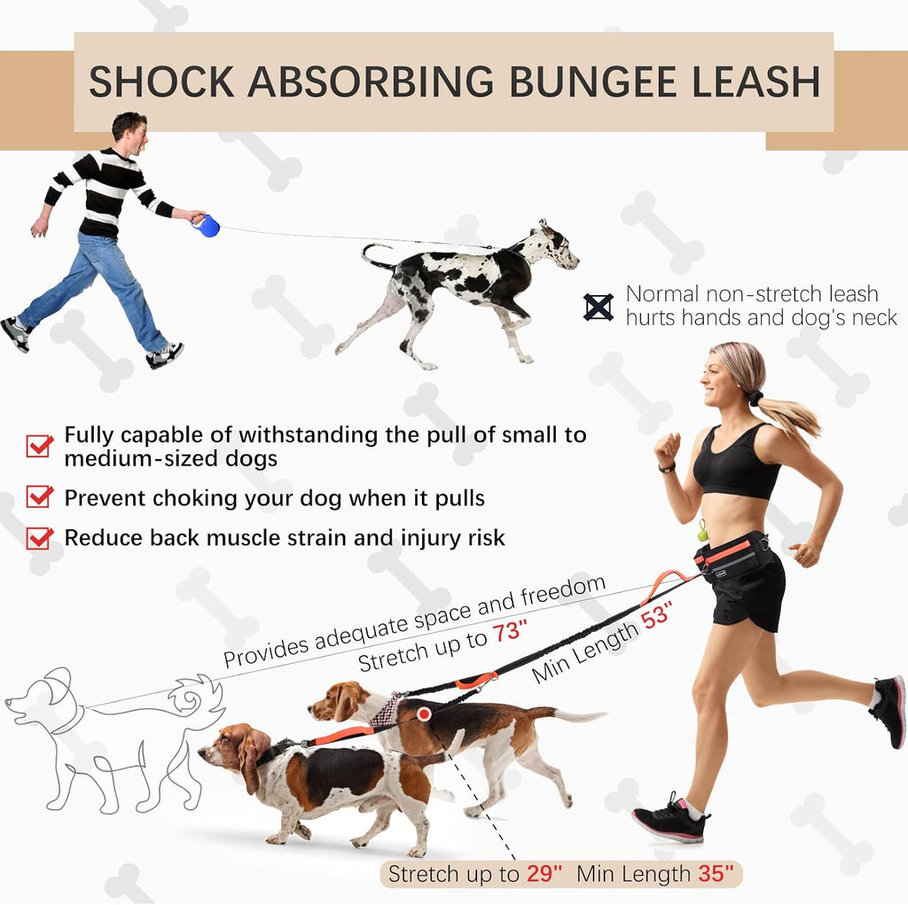 Hands-Free Waist Leash with Pouch for Two Dogs: Reflective Stitching, Dual Handle & Bungee Retractable Design – Ideal for Medium to Large Dogs (Orange) – Dog Walking Accessories