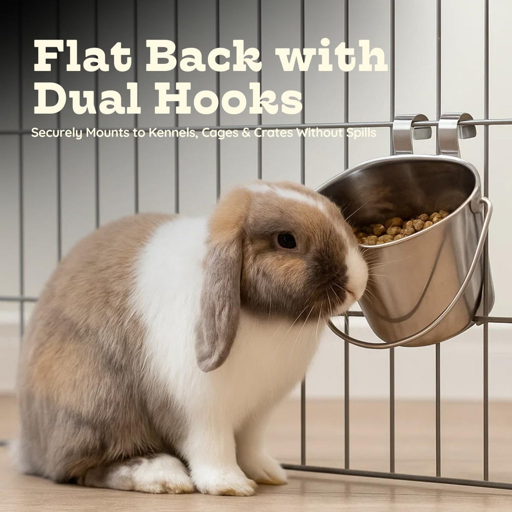 Stainless Steel Flat Side Bucket with Dual Hooks 2 Quart (0.5Gallon)– Heavy Duty Hanging Dog Water & Food Bowl Kennel, Cage & Crate, Durable Pet Pail for Dogs, Cats, Birds & Small Animals