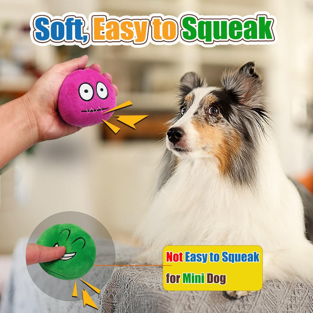 HOLYSTEED Plush Squeaky Dog Toys for Small, Medium Breeds, 2.9" Flat Balls | 3.0"x2.9"x2.3" Assorted Flat Balls 4pcs, Soft Puppy Squeak Toy Stuffed, Smile Face Pet Toy with Squeaker for Indoor, Outdoor