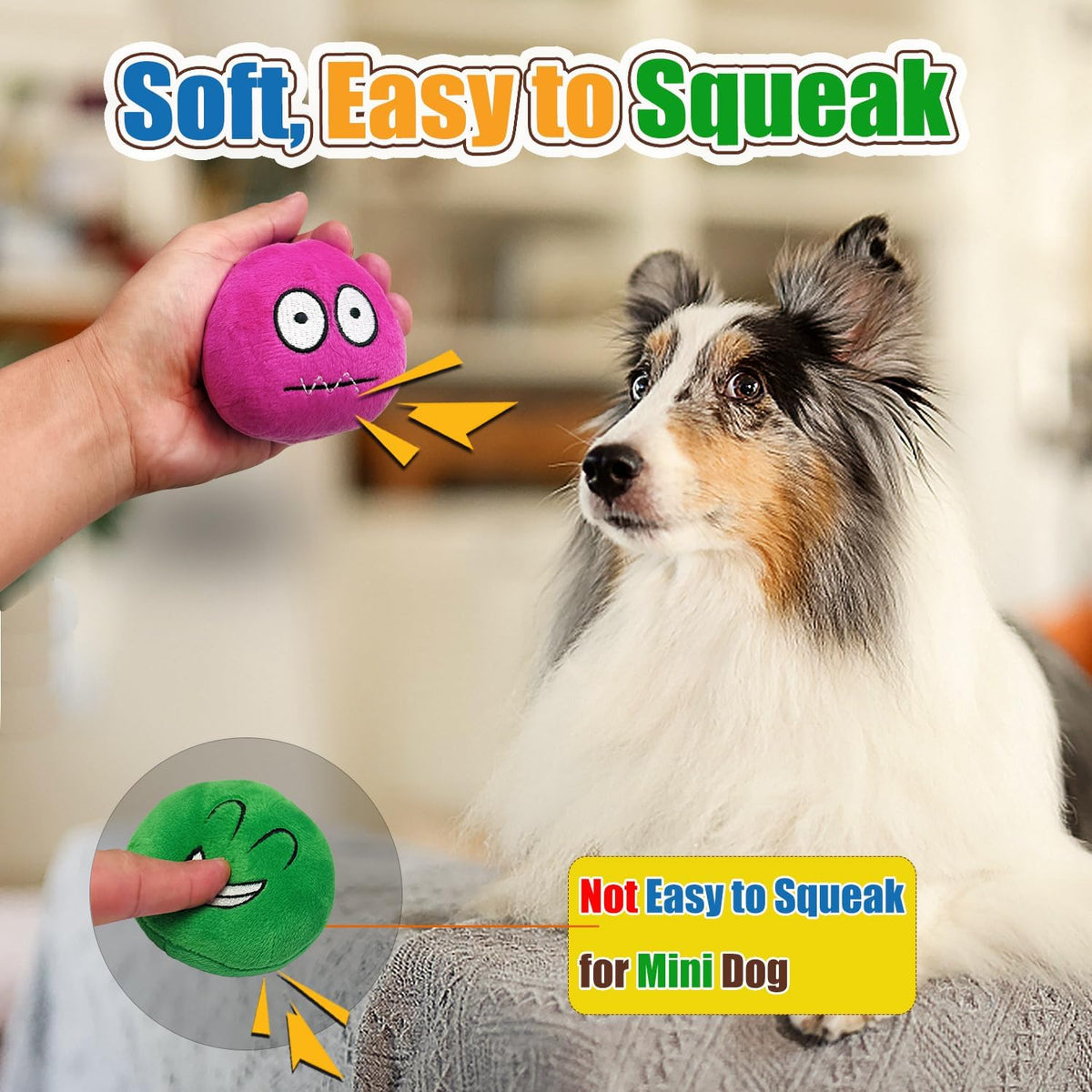 HOLYSTEED Plush Squeaky Dog Toys for Small, Medium Breeds, 2.9" Flat Balls | 3.0"x2.9"x2.3" Assorted Flat Balls 4pcs, Soft Puppy Squeak Toy Stuffed, Smile Face Pet Toy with Squeaker for Indoor, Outdoor