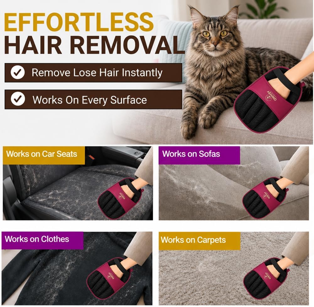Pet Hair Remover Glove for Dogs & Cats - Reusable Double-Sided Electrostatic Grooming Mitt for Couch, Car Seats, Furniture, & Clothing - Washable Fur & Lint Removal Tool (1 Pack) Burgundy