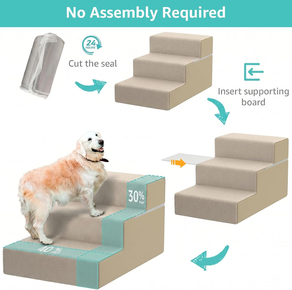 YENING Large Dog Stairs for High Beds - Extra Wide Pet Steps for Large Dogs to Get on Tall Bed 3 Deep Step Cat Ramp for Couch Beige