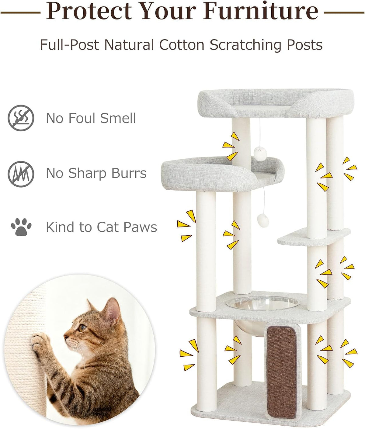 53" Cat Tree Tower for Large Cats, Large Perch & Sisal Board