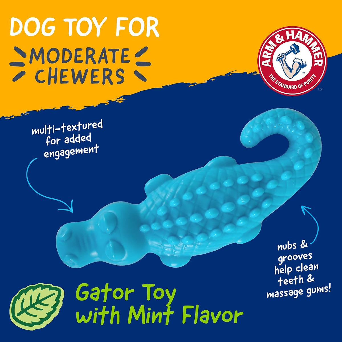Arm & Hammer Nubbies Gator Dog Dental Chew Toy, Mint Flavor | Baking soda infused, scrubbing grooves reduce plaque and tartar, no stuffing, for moderate chewers daily