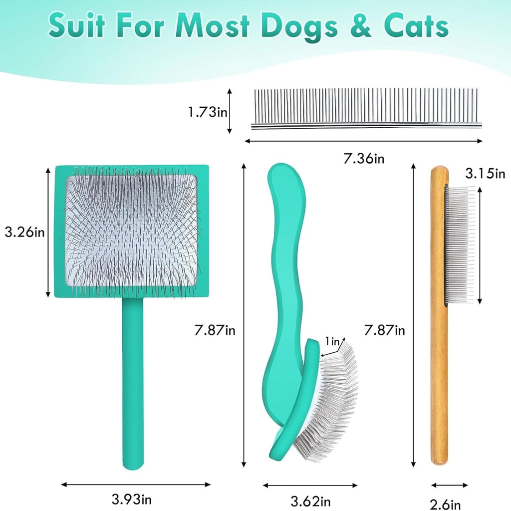 3-in-1 Long Pin Slicker Brush Set, Pet Grooming Kit, Green