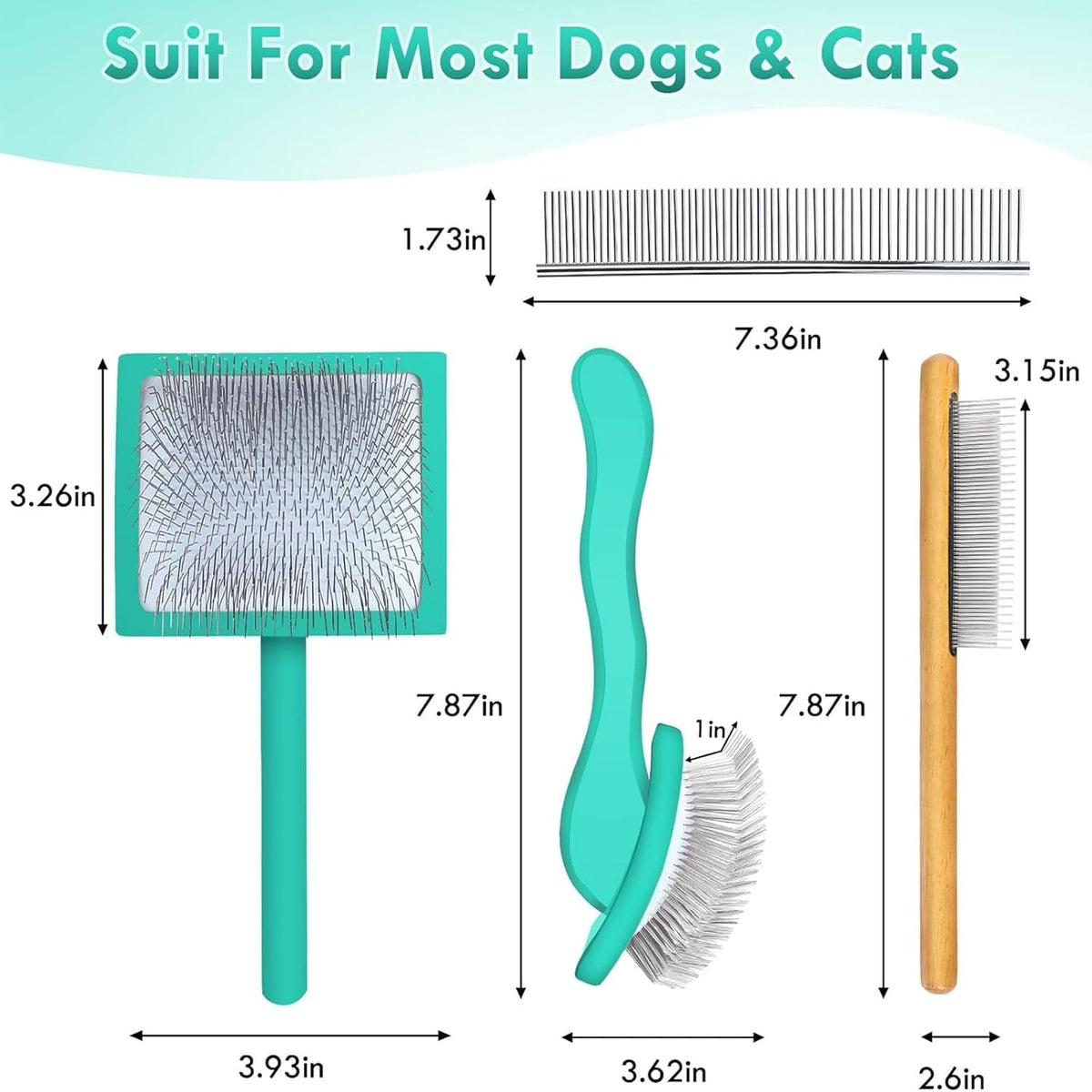 3-in-1 Long Pin Slicker Brush Set, Pet Grooming Kit, Green
