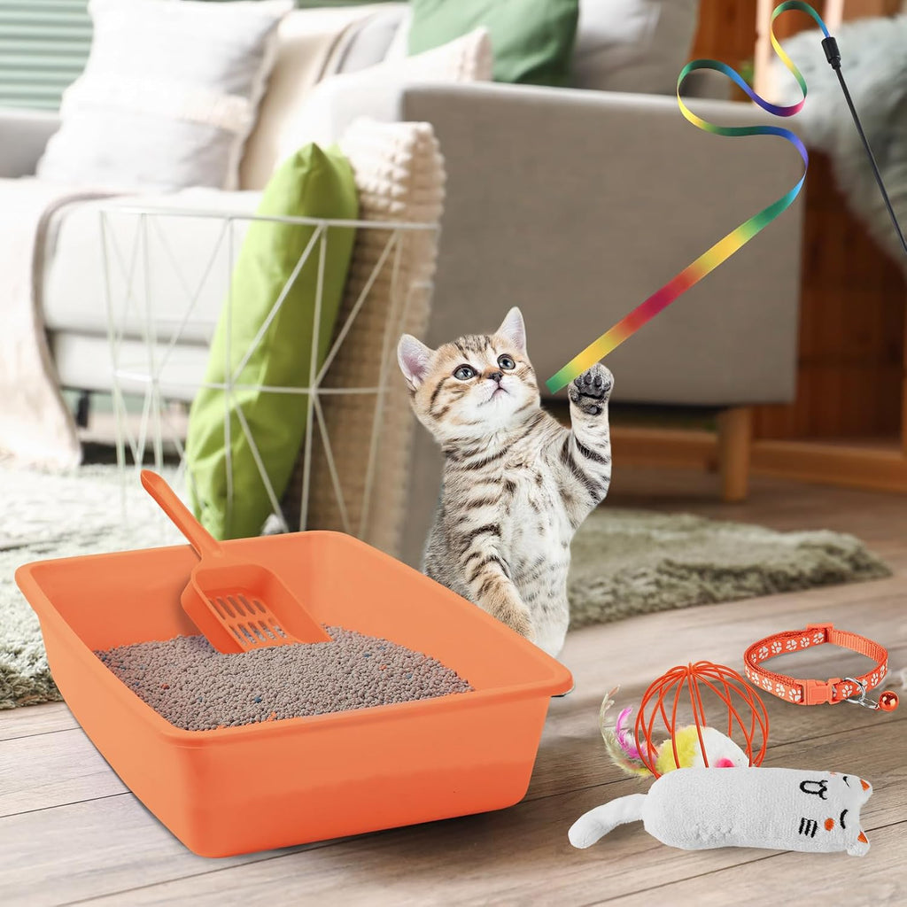 Tioncy 7 Pcs Kitten Litter Box Starter Kit with Mat, Simple, Orange