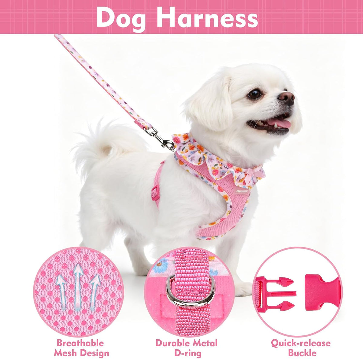 EXPAWLORER Step-in Small Dog Harness and Leash Set, Pink Floral XS