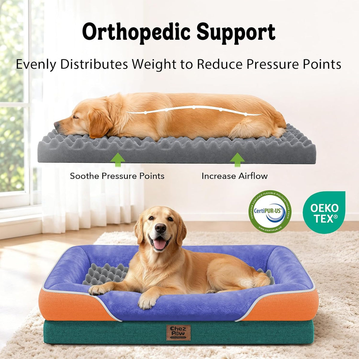Chez Paw Waterproof Orthopedic XL Dog Bed for Large and Extra Large Dogs
