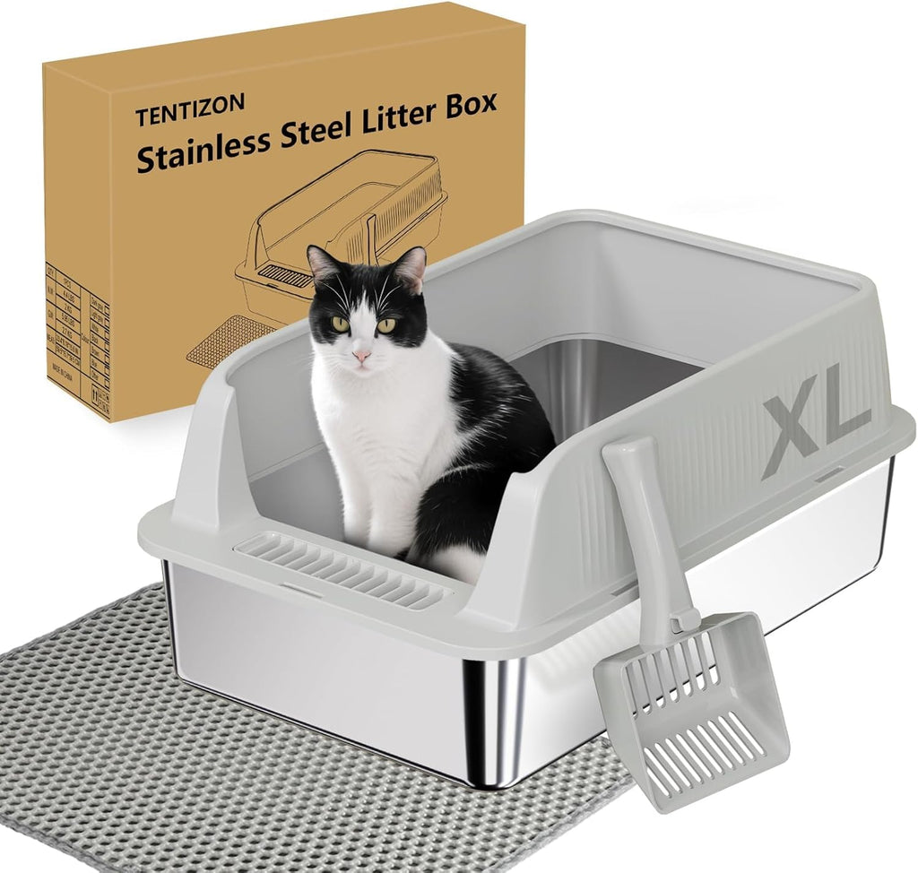 TENTIZON Stainless Steel Cat Litter Box, XL Large Metal Kitty Litterbox with High Side Lids, Litter Mat, Scooper for Big Cats, Kittens, No Odor, No Mess, Leak Proof, Easy Clean, Non Stick