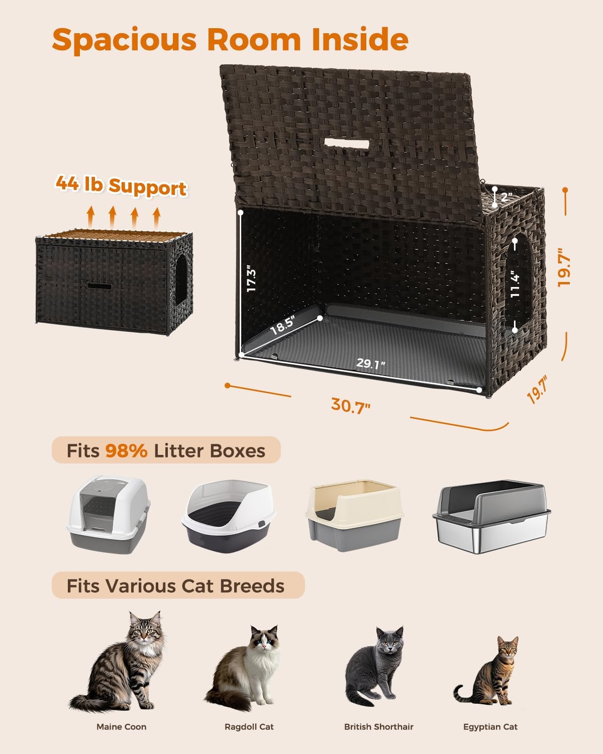 MUTTROS Rattan Cat Litter Box Enclosure - Hidden Litter Box Furniture by Handwoven Wicker with Taller Doorway & Raised Edge Mat-Cat House Cabinet for Large Cats Indoor Living Room Odor Control, Brown