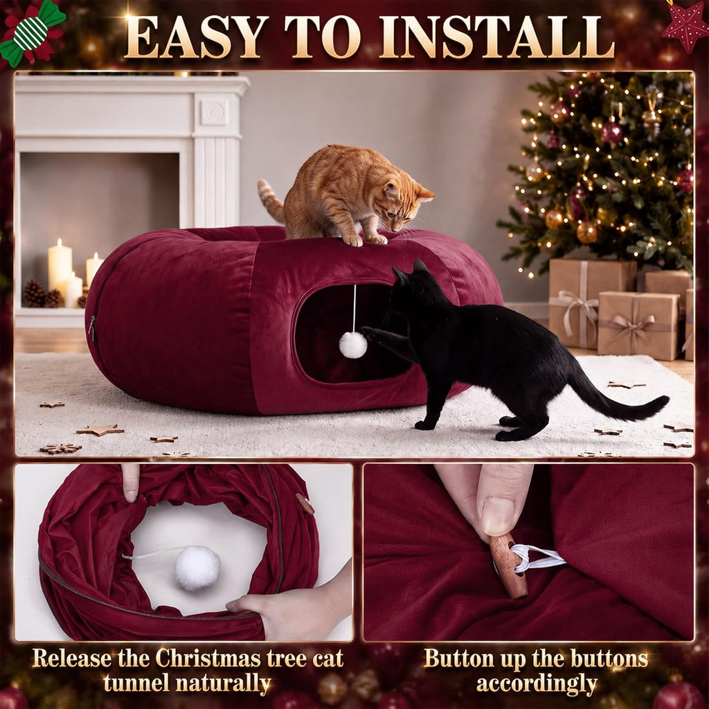 Christmas Tree Cat Tunnel 36 in Donut Bed, Burgundy, Velvet, Fluffy