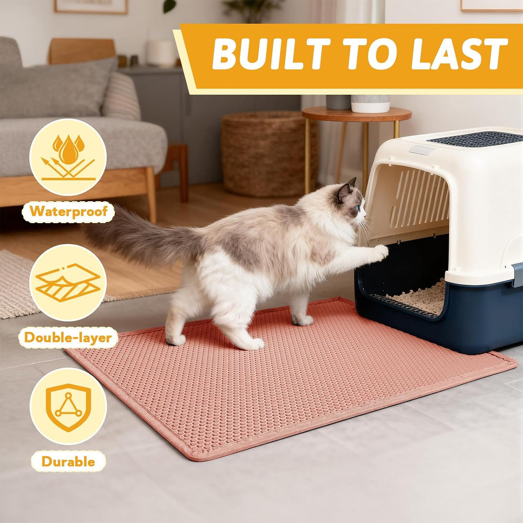 Pieviev Litter Mat, Double-Layer Waterproof Design, 30" x 24" Coral Red | Honeycomb Litter Trapping Mat Captures Scattered Particles to Stop Tracking, Waterproof Base Protects Floors, Easy to Clean