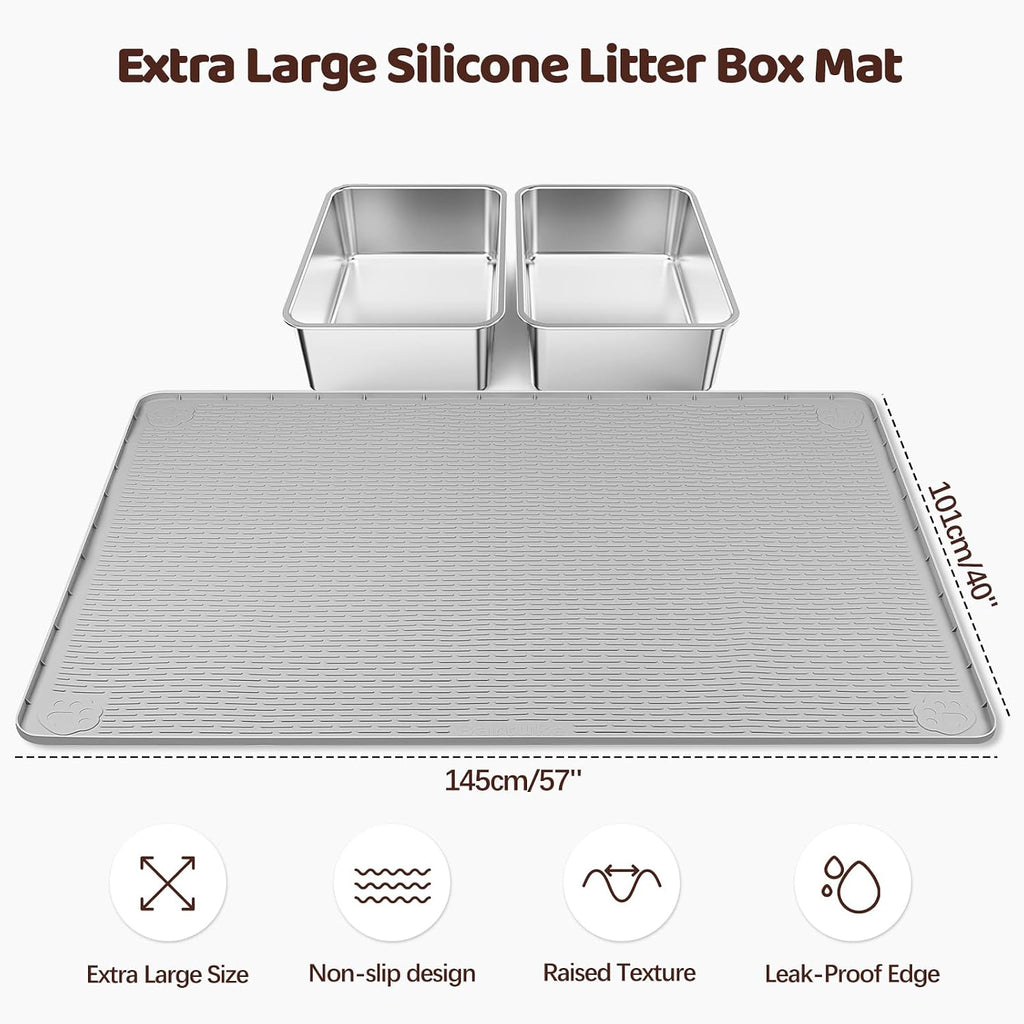 Silicone Cat Litter Mat for Litter Box 57”x40” Large Cat Mat, Light Grey | Waterproof, Non-Slip, Leak-Proof Rug Mat with Lip, Easy to Clean, Extra Large Litter Catcher Mat for Floor