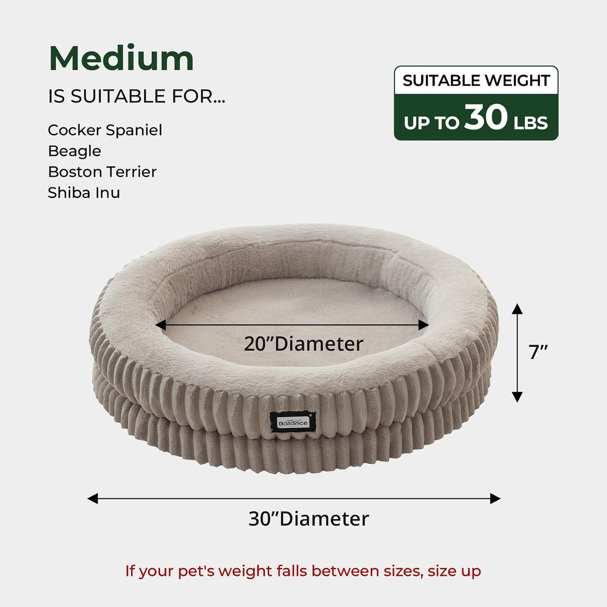 BALANCE Donut Dog Bed, 30 Inches Round Dog Bed Medium Size Dogs Washable, Orthopedic Calming Dogs Beds for Kitten, Fluffy Plush Faux Fur Pet Bed with Anti-Slip Bottom