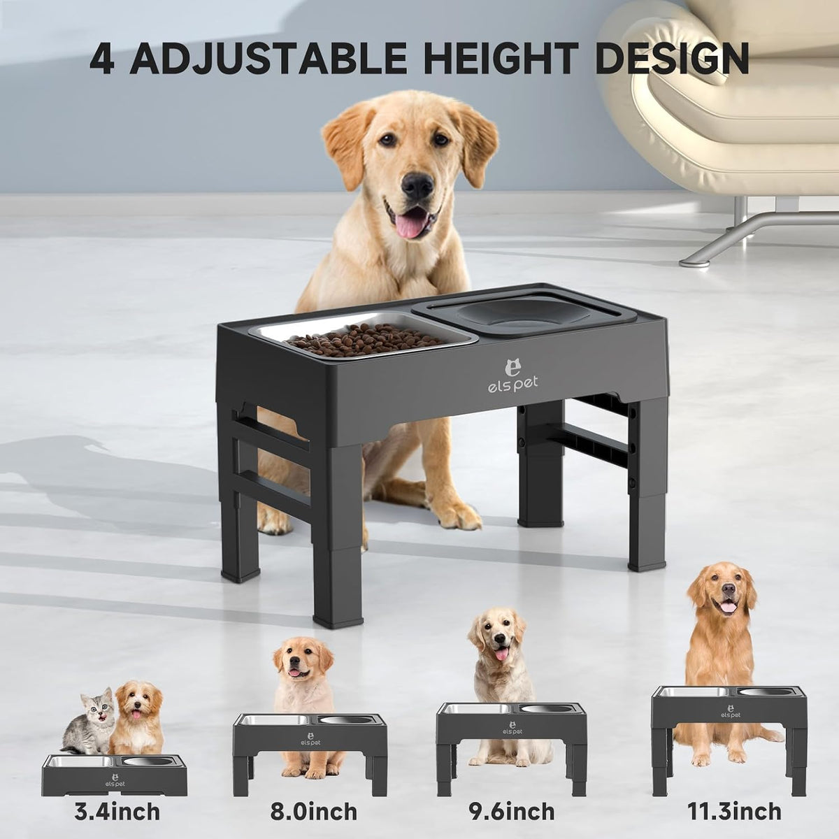 ELS PET Elevated Dog Bowls, No Spill Water Bowl and Stainless Steel Feeder